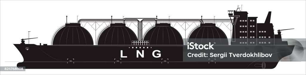 Black silhouette of a huge ocean tanker for liquefied gas. Traced details. Side view. Black silhouette of a huge ocean tanker for liquefied gas. Traced details. Liquefied Natural Gas stock vector