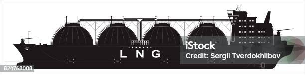 Black Silhouette Of A Huge Ocean Tanker For Liquefied Gas Traced Details Side View Stock Illustration - Download Image Now