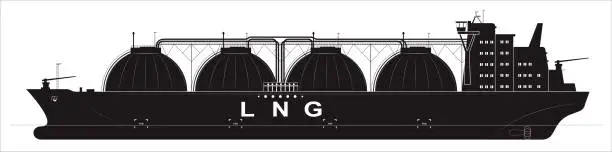 Vector illustration of Black silhouette of a huge ocean tanker for liquefied gas. Traced details. Side view.