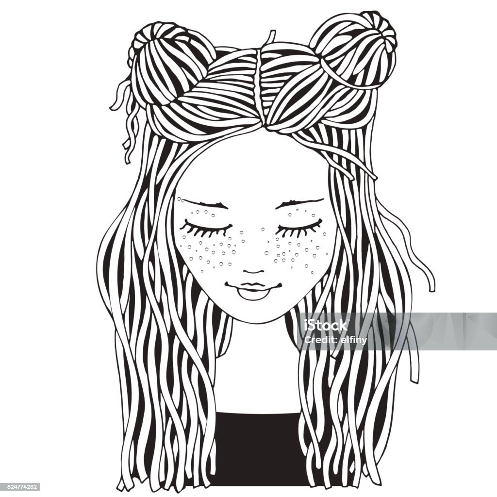 Cute girl. Coloring book page for adult and children. Black and white. Doodle style. Art stock vector