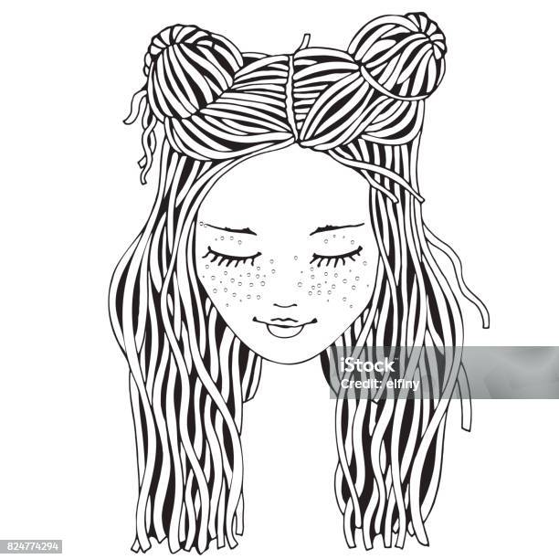 Cute Girl Coloring Book Page For Adult And Children Black And White Doodle Style Stock Illustration - Download Image Now