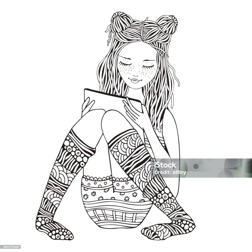 A girl is sitting and reading, using a tablet, laptop and mobile phone. Adult Coloring book page. Doodle style. Black and white. Adult stock vector