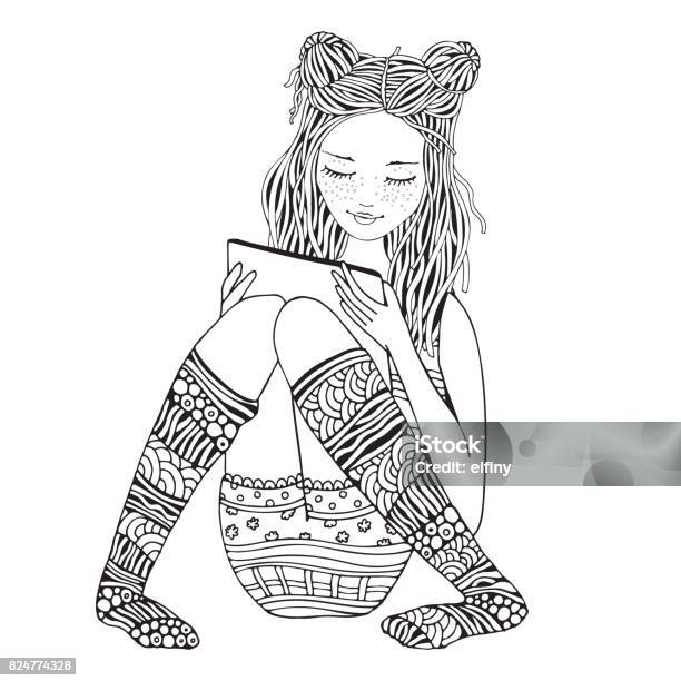 A Girl Is Sitting And Reading Using A Tablet Laptop And Mobile Phone Adult Coloring Book Page Doodle Style Black And White Stock Illustration - Download Image Now