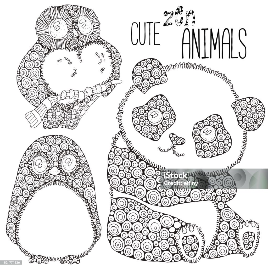 Set of Cute animals: panda, penguin, owl. Adult antistress coloring book page. Black and white. Doodle style. Doodle design elements - vector Set of Cute animals: panda, penguin, owl. Adult antistress coloring book page. Black and white. Doodle style. Hand drawn, doodle,  design elements. - stock vector Penguin stock vector