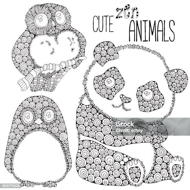Set Of Cute Animals Panda Penguin Owl Adult Antistress Coloring Book Page Black And White Doodle Style Doodle Design Elements Vector Stock Illustration - Download Image Now