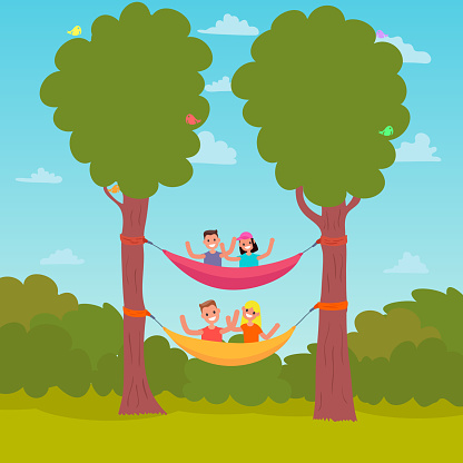 Flat Design Characters Camping Hammocking on a Tree. Vector illustration