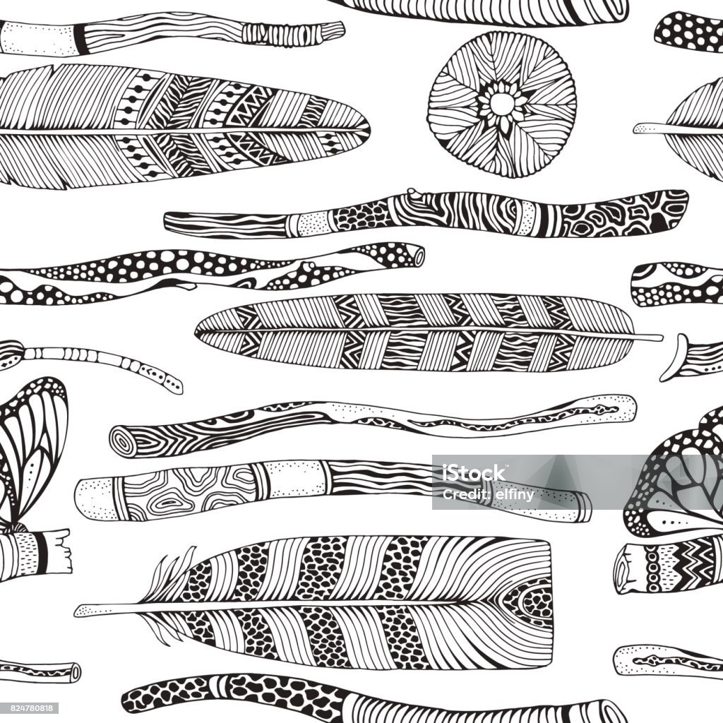 Seamless pattern with wooden branches, Painted Sticks, Feathers, flowers. Doodle style. Black and white, boho, vector, tribal design elements. Abstract stock vector