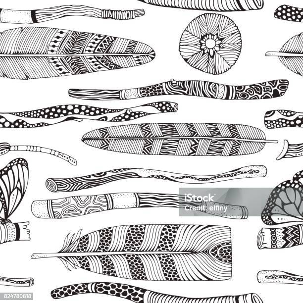Seamless Pattern With Wooden Branches Painted Sticks Feathers Flowers Doodle Style Black And White Boho Vector Tribal Design Elements Stock Illustration - Download Image Now