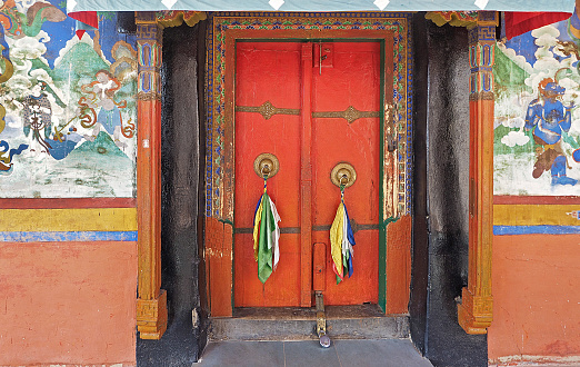 Leh: antique colorful Bhudda architec and wall paint at Likr Monastery, Leh India