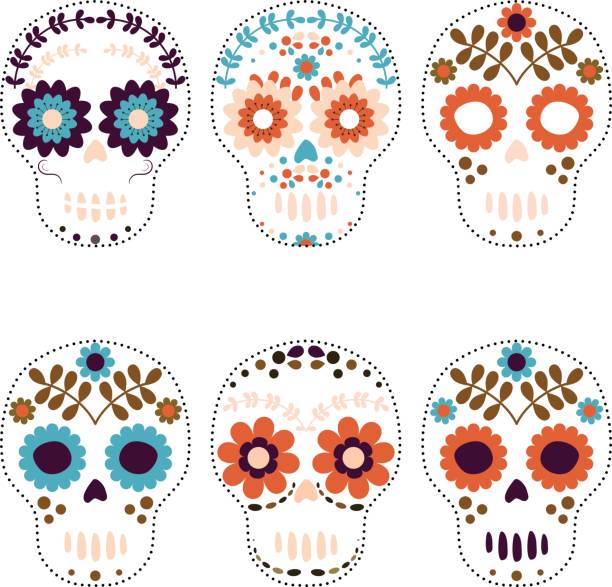 illustrazioni stock, clip art, cartoni animati e icone di tendenza di set vettoriale teschi del giorno dei morti, teschi di zucchero. - day of the dead skull tattoo mexico