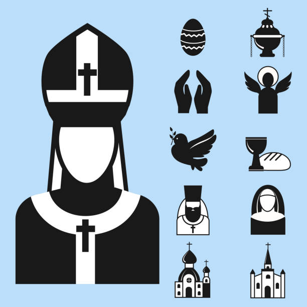 Christianity religion flat icons vector illustration of traditional holy religious black silhouette praying people Christianity religion flat icons vector illustration of traditional holy candle silhouette praying people character design. Faith priest church religious architecture. nun praying cross human hand stock illustrations