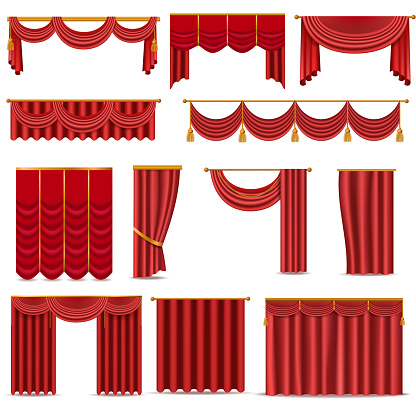 Theather scene red blind curtain stage fabric texture isolated on a white background. Red theater curtain illustration