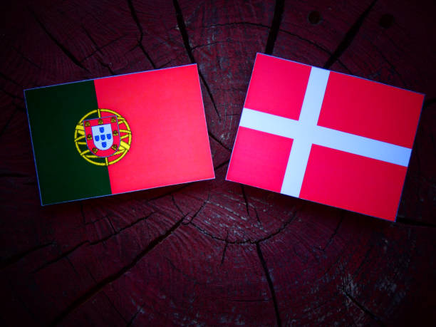 istock Portuguese flag with Danish flag on a tree stump isolated 824792878