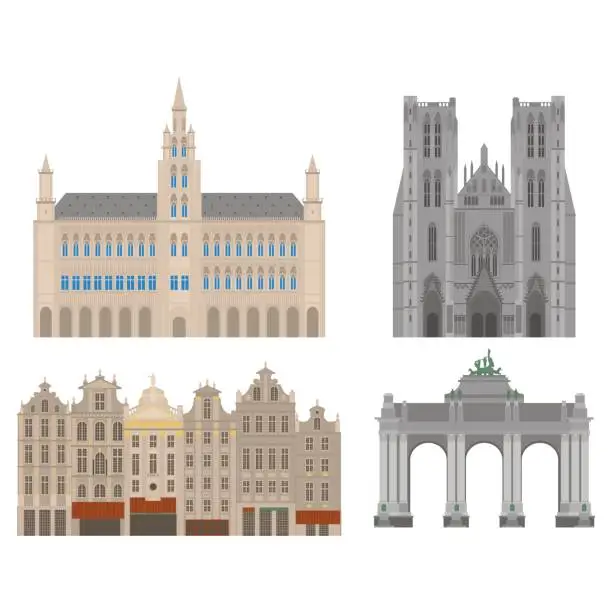 Vector illustration of City sights. Brussels architecture landmark. Belgium country flat travel elements. Cathedral of St. Michael and St. Gudula. Town Hall on Grand Place Grote Markt. The triumphal arch in the park of the fiftieth anniversary