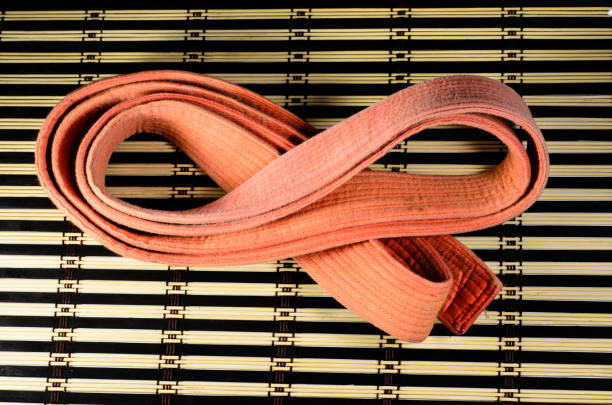 Cropped image of taekwondo athlete tying orange belt she got