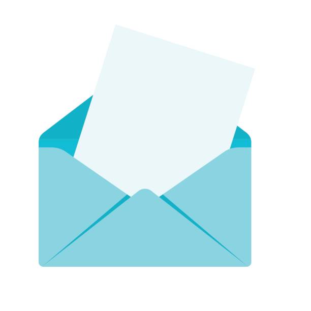 envelope with sheet Blue envelope with letter, document. Sending mail correspondence. Flat vector cartoon illustration. Objects isolated on a white background. letter envelope icon stock illustrations