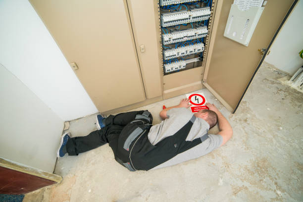 electrician lying on the ground stock photo