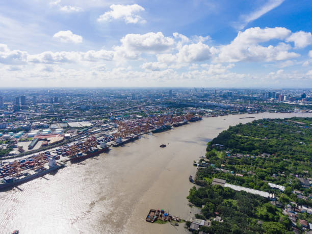 istock Top view cargo ship on Chao Phraya river and city scape. 824805970