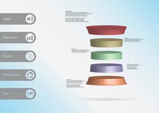 Vector illustration of 3D illustration infographic template with motif of deformed cylinder horizontally divided to five color slices with simple sign and sample text on side in bars. Light blue gradient is used as background.