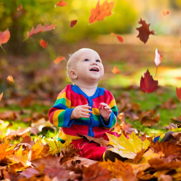 istock Child in fall park. Kid with autumn leaves. 824813264