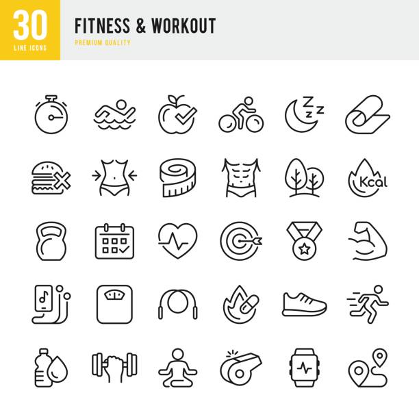 fitness & workout - zestaw ikon wektorowych cienkich linii - tape measure apple dieting measuring stock illustrations