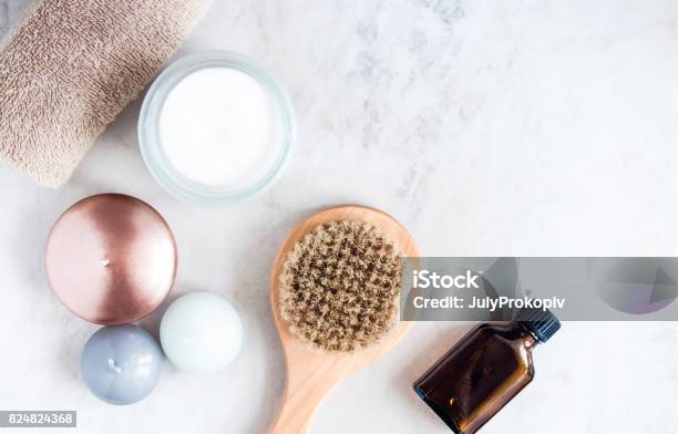 Spa Beauty Products On White Marble Table From Above Beauty Blogger Concept Copyspace Stock Photo - Download Image Now