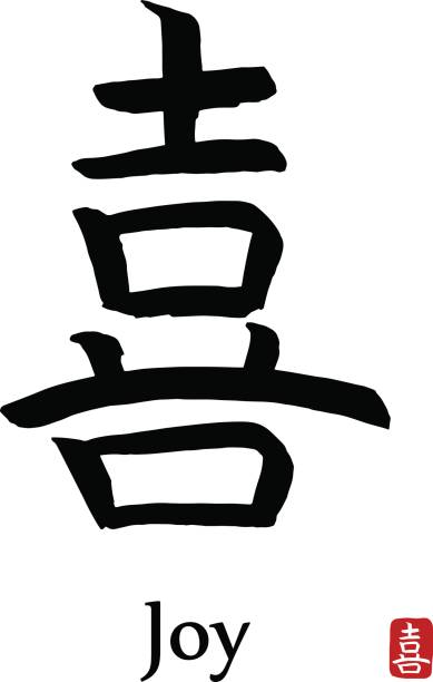 Hand drawn Hieroglyph translates -joy,gladness. vector japanese black symbols on white background with text. Ink brush calligraphy with red stamp Hand drawn Hieroglyph translates -joy,gladness. vector japanese black symbols on white background kanji symbols stock illustrations