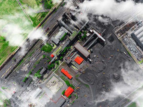 Panorama aerial view shot of the coal processing plant, industrial production, factory