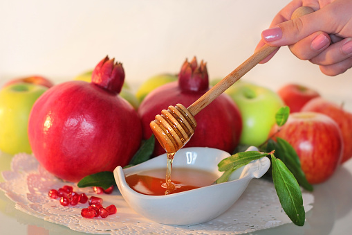 honey and pomegranates, traditional foods to celebrate jewish new year - holiday of Rosh Hashanah