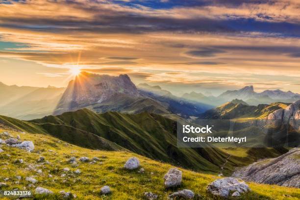 Sunrise At Sassolungo Or Langkofel Mountain Group Dolomites Trentino Alto Adige Stock Photo - Download Image Now