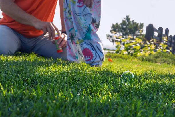 Soap bubble lies on the fresh green grass, next to the feet of the father and little daughter who play with soap bubbles. Sunny morning in a park.
