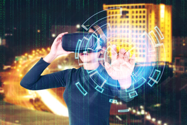 istock Woman Using 3-D glasses  in virtual reality glasses or headset 824835738