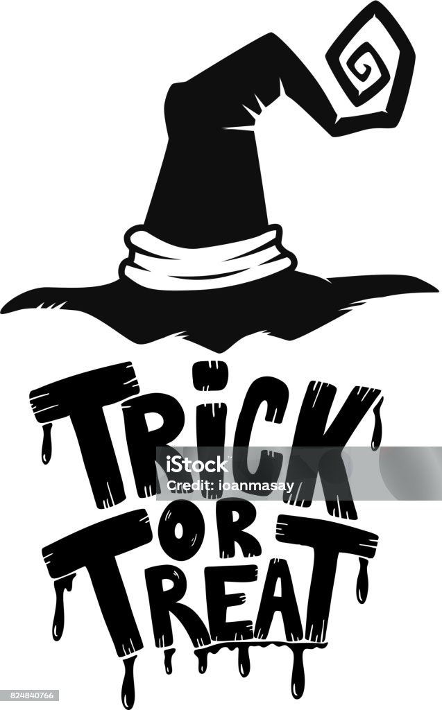 Des bonbons ou des bâtons. Dessinés à la main lettrage phrase avec chapeau de sorcière sur fond blanc. Thème de l’Halloween. Illustration vectorielle - clipart vectoriel de Trick or Treat libre de droits