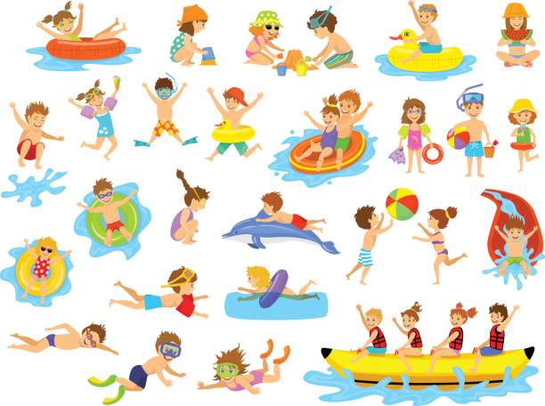 ilustraciones, imágenes clip art, dibujos animados e iconos de stock de divertidas vacaciones de verano los niños actividades en playa el agua. - child swimming pool swimming little boys