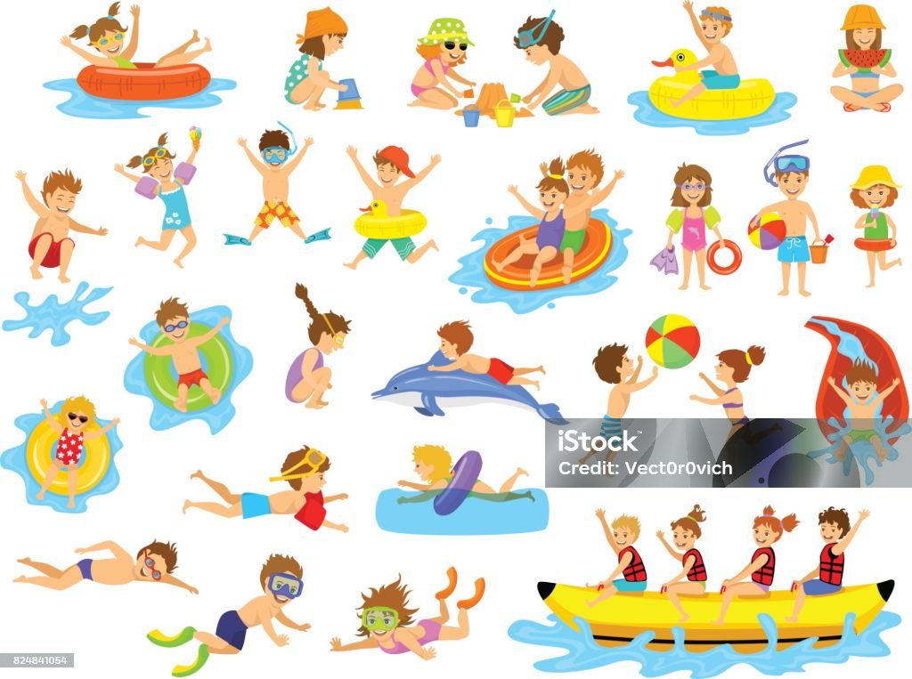 Children summer holidays fun activities at beach on water. Children summer holidays fun activities at beach on water. Boys and girls swim, dive, jump, sliding in aquapark, floating on inflatable mattresse, eating ice cream and watermelon, building making sand castle, playing ball, snorkeling, riding banana boat and dolphin Child stock vector