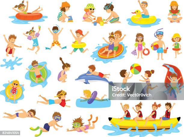 Children Summer Holidays Fun Activities At Beach On Water Stock Illustration - Download Image Now