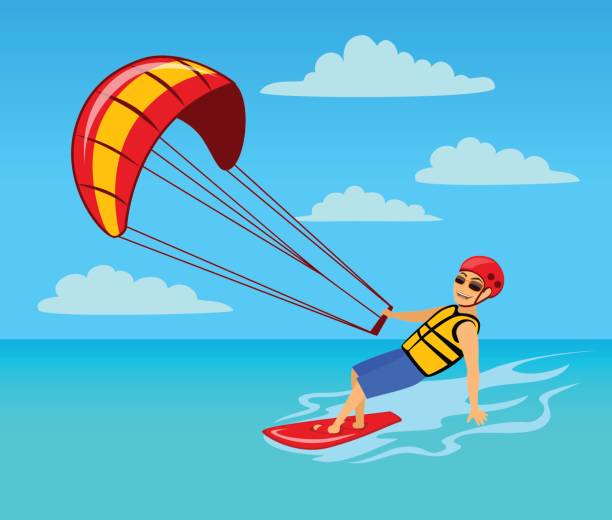 man kitersurfing on water cartoon vector illustration man kitersurfing on water cartoon vector illustration kite sailing stock illustrations
