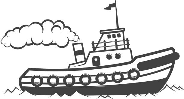 曳航船イラストは、白い背景で隔離。ラベル、紋章、記号のデザイン要素です。ベクトル図 - tugboat点のイラスト素材／クリップアート素材／マンガ素材／アイコン素材
