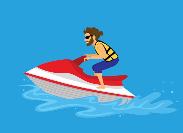 Man driving jet ski on a water Man driving jet ski on a water jet boat stock illustrations