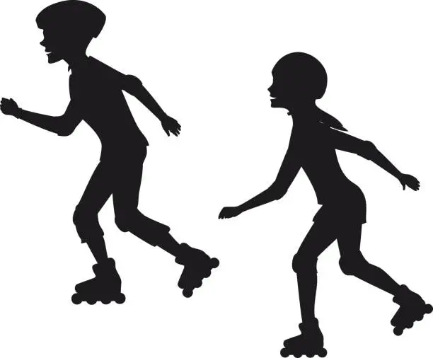 Vector illustration of man and woman roller skating silhouettes
