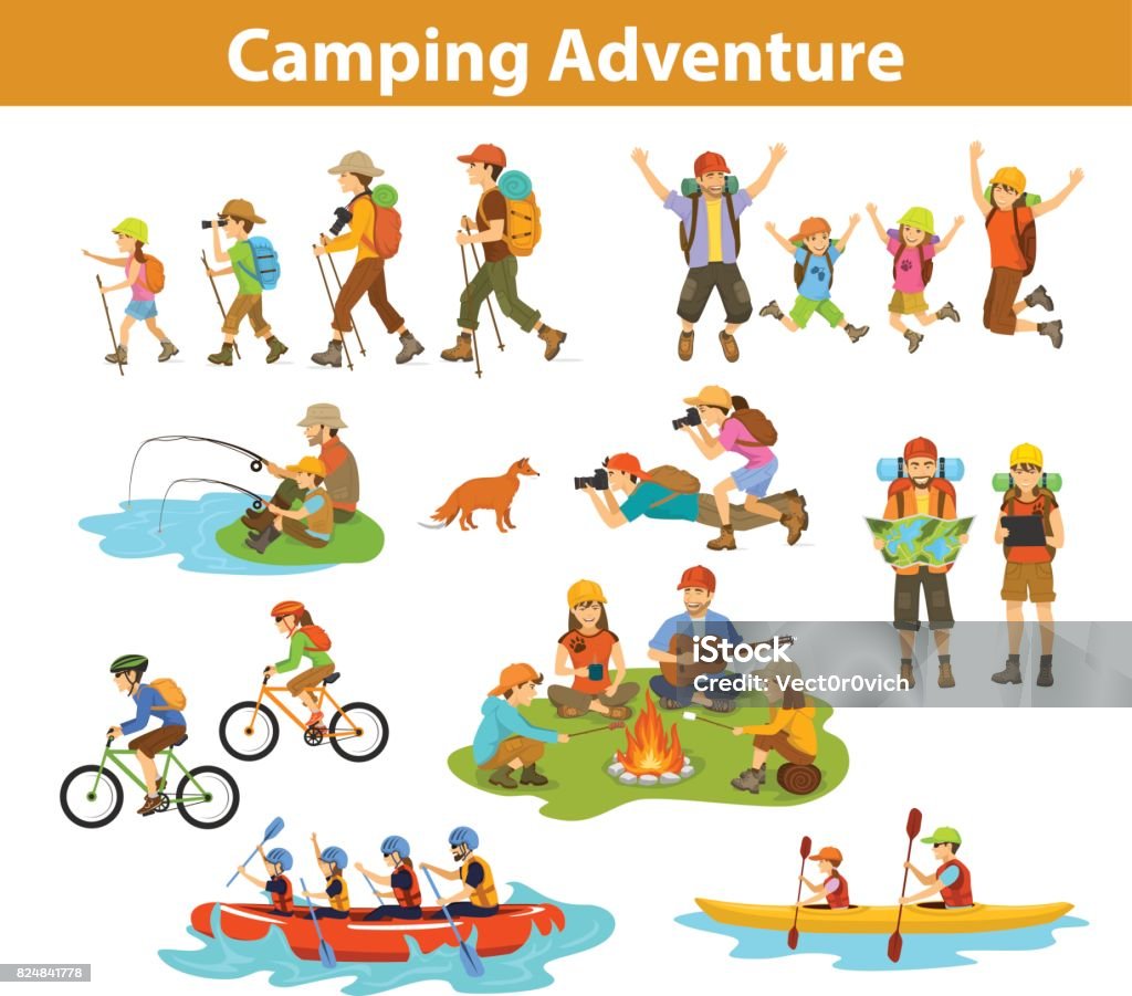 家族、カップル、子供キャンプ、ラフティング、ハイキング、動物、カヤック、マウンテン バイク、地図とタブレットを見て、ジャンプ、釣り旅行を計画の写真を確認、キャンプファイヤー - ハイキングのロイヤリティフリーベクトルアート