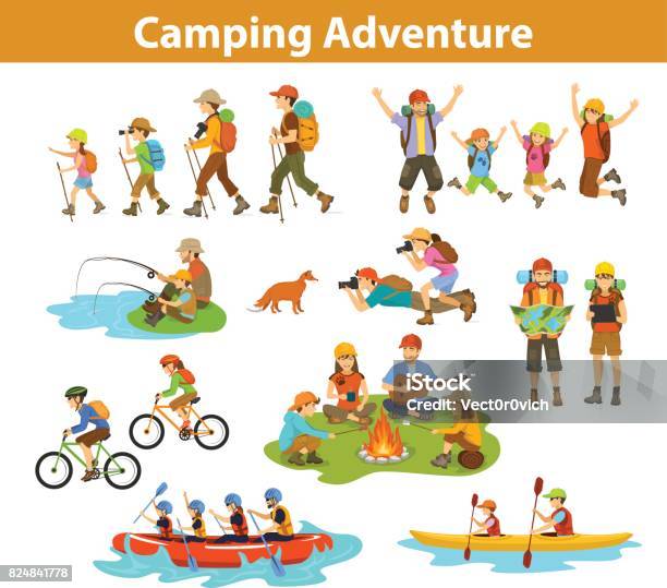 家族カップル子供キャンプラフティングハイキング動物カヤックマウンテン バイク地図とタブレットを見てジャンプ釣り旅行を計画の写真を確認キャンプファイヤー - ハイキングのベクターアート素材や画像を多数ご用意
