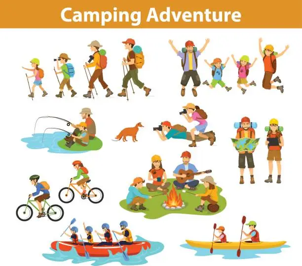 Vector illustration of Family, couple, children camping, rafting, hiking, sitting at campfire, make photos of animals, kayaking, mountain biking, planning trip looking at map and tablet, jumping, fishing. People tourist travel, outdoor vacation