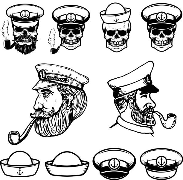 illustrations, cliparts, dessins animés et icônes de illustrations de capitaine de navire. crânes en chapeaux de marin. éléments de conception d’étiquette, emblème, signe. illustration vectorielle - sailor people personal accessory hat