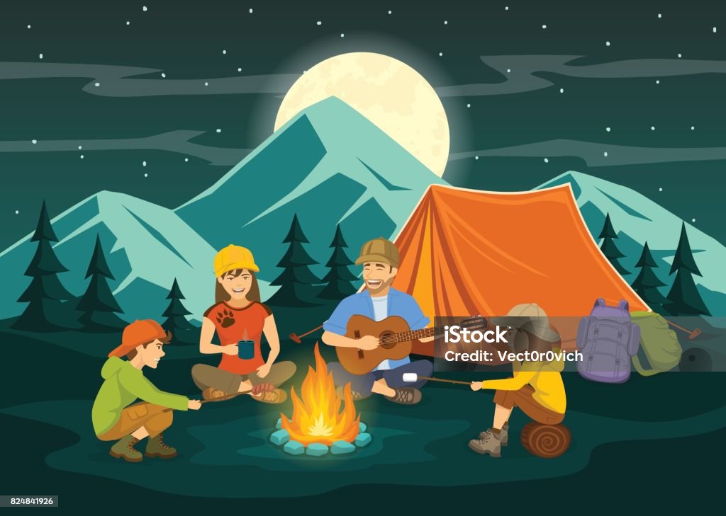 キャンプファイヤー、テントの周りに座っての家族。夜のシーン - キャンプするのロイヤリティフリーベクトルアート