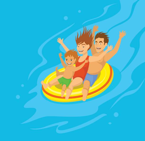 재미 있는 가족 aquapark 튜브에 슬라이딩 - swimming pool child water park inflatable stock illustrations