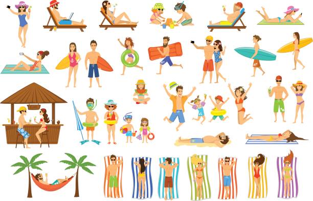 ilustraciones, imágenes clip art, dibujos animados e iconos de stock de colección de personas que se divierten en vacaciones de verano. - family cartoon child little girls