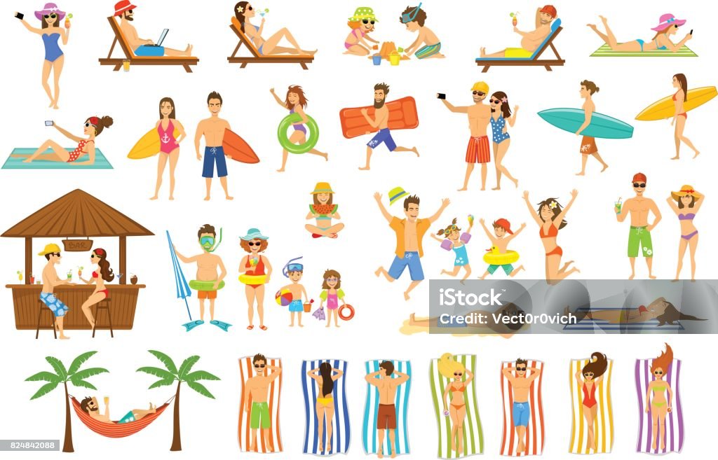 Collection of people having fun on summer vacations. Collection of people having fun on summer vacations. Man, woman, family,couple,children relaxing, sunbathing, tan on the beach, making selfie, work on pc, drinking cocktails in seaside bar, lying on sun chair, towels, hammock and sand, run, stand with floats and surf boards Beach stock vector
