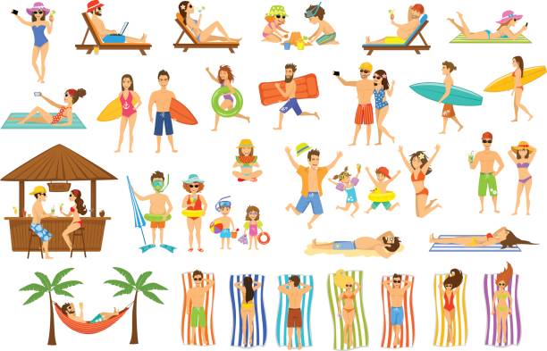 Collection of people having fun on summer vacations. Collection of people having fun on summer vacations. Man, woman, family,couple,children relaxing, sunbathing, tan on the beach, making selfie, work on pc, drinking cocktails in seaside bar, lying on sun chair, towels, hammock and sand, run, stand with floats and surf boards summer collection stock illustrations