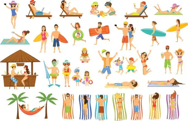 Vector illustration of Collection of people having fun on summer vacations.
